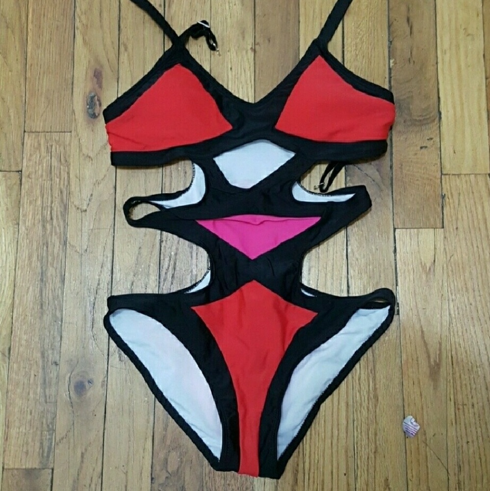 New trendy Orange red strappy Monokini Swimsuit - Picture 5 of 5